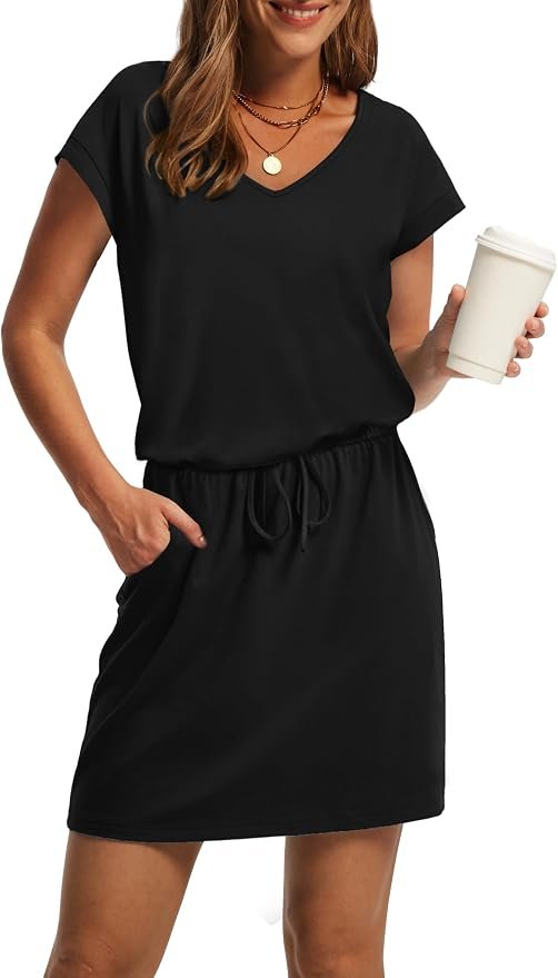 Women's V-neck tie-waist casual mini dress with pockets.