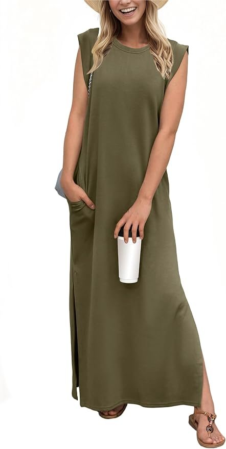 GRECERELLE women's round-neck loose split maxi dress with pockets.