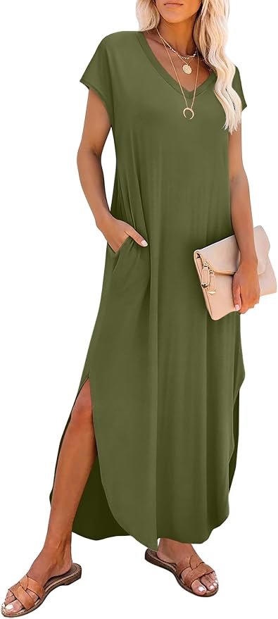 RUMIA women's cap-sleeve long maxi dress with pockets.