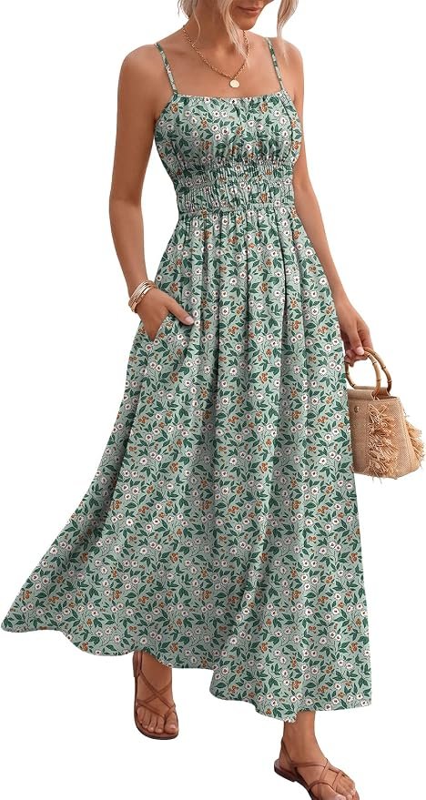 Women's floral spaghetti-strap smocked maxi dress with pockets.