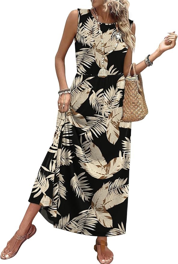 Women's sleeveless flowy A-line maxi dress with pockets.