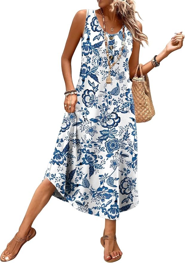Women's button-front sleeveless midi sundress with pockets.