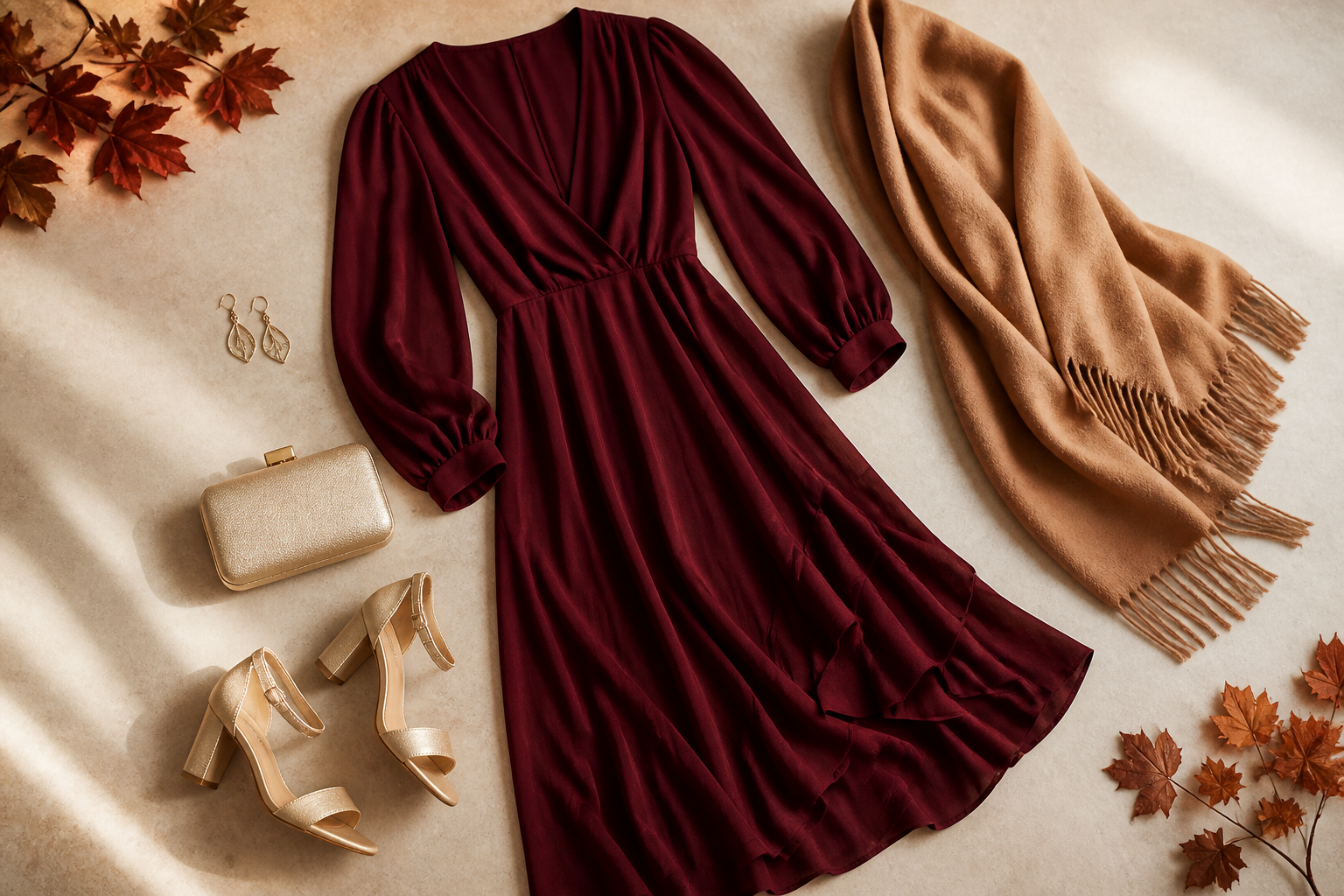 Burgundy fall wedding guest dress styled with gold heels, a clutch, earrings, and a camel wrap.
