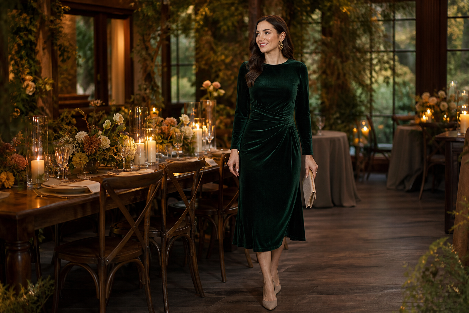 Woman wearing a forest-green velvet midi dress at a candlelit autumn wedding reception.