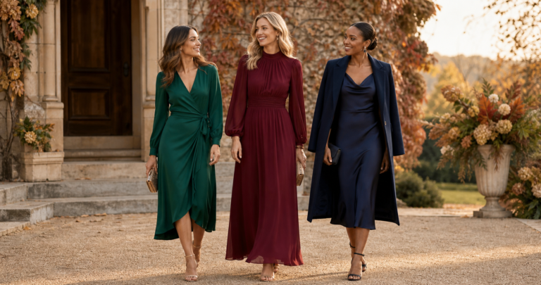 Three women in emerald, burgundy, and navy wedding guest dresses at an autumn venue